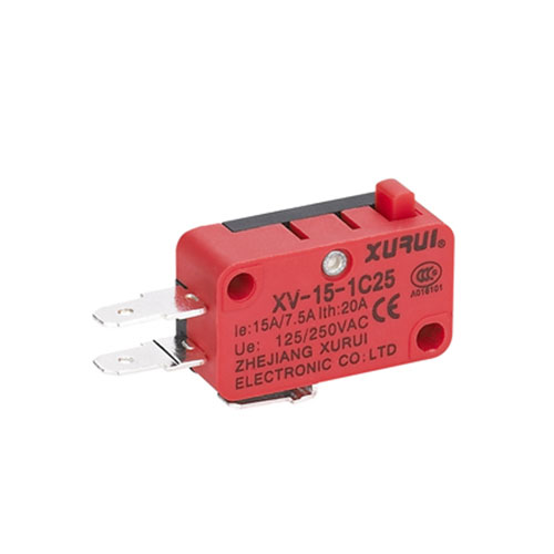 Close-up of a micro switch housing showing CE logo